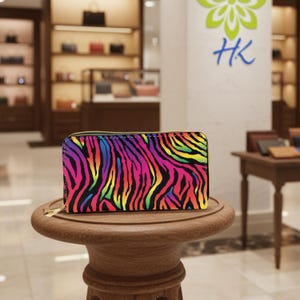 Pode incluir: Uma carteira colorida com um padrão de listras de zebra em tons vibrantes de arco-íris. A carteira tem um zíper dourado e é exibida em um pequeno pedestal de madeira. O fundo mostra uma loja com outras bolsas.