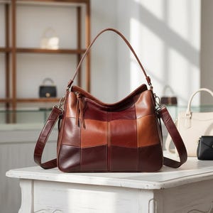 Puede incluir: Bolso de hombro de cuero patchwork en tonos marrón, beige y burdeos. El bolso tiene una correa larga para el hombro y un asa más corta. El bolso está sobre una mesa blanca.