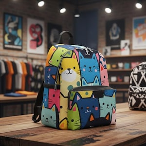 Pode incluir: Uma mochila colorida com um padrão repetido de gatos de desenho animado em várias cores. A mochila tem um zíper preto, alças e um bolso frontal. Está em uma mesa de madeira em um ambiente de loja.
