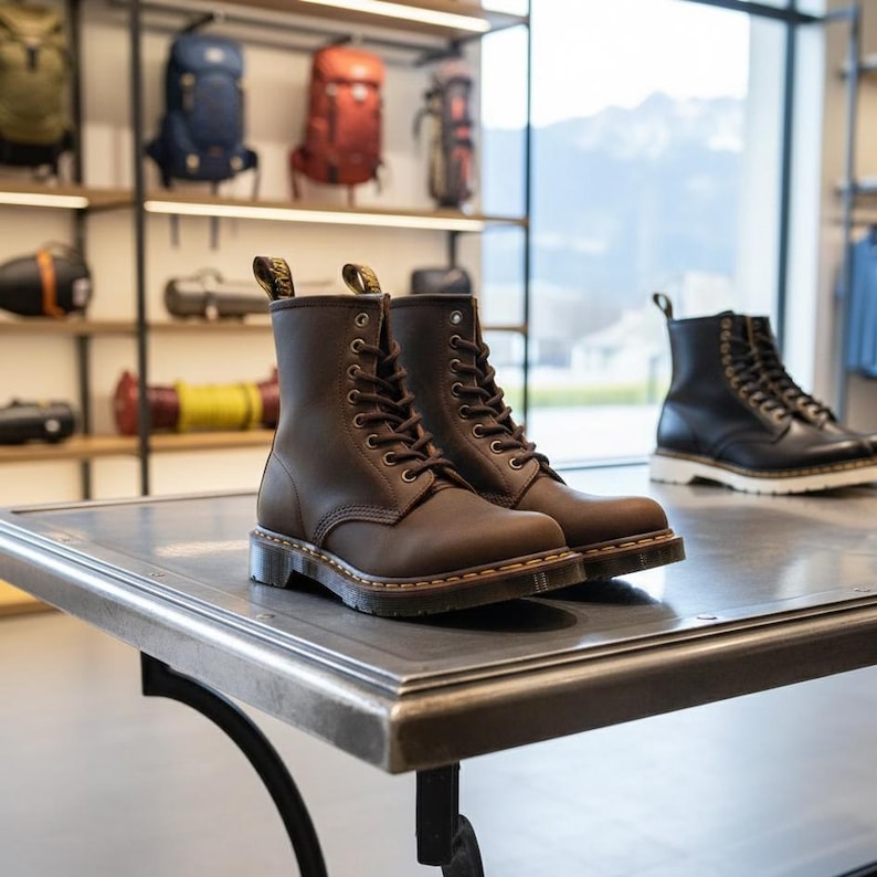 May include: A pair of brown leather lace-up boots with a classic design. The boots have a sturdy sole and are displayed on a metal table. Other boots and backpacks are visible in the background, suggesting a footwear and outdoor gear store.