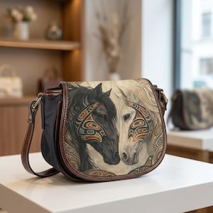 May include: A saddlebag-style purse featuring a detailed illustration of two horses, one black and one white, with intricate tribal-inspired designs. The bag has a brown leather strap and trim, and a dark blue fabric body.