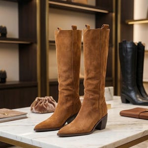 Botas retro de ante hasta la rodilla – Botas western de ante bovino con tacón alto