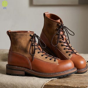 Botas de trabajo de cuero para hombre – Botas retro con cordones de cuero vacuno de doble capa