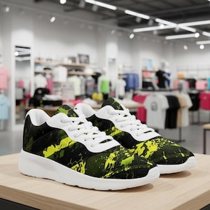 Neon Splash Sneakers - Schwarz Grüne Sportschuhe - Leichte Mesh-Trainer - Unisex Geschenk スニーカー maigrün