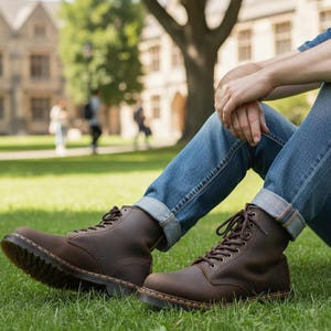 May include: Brown leather lace-up boots with a rugged sole. The boots are worn with blue jeans, suggesting casual wear. The image is taken outdoors on a grassy area, with a blurred background of a building and trees.