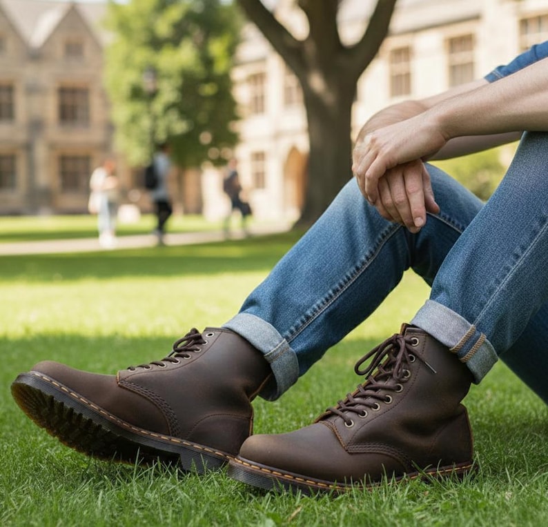 May include: Brown leather lace-up boots with a rugged sole. The boots are worn with blue jeans, suggesting casual wear. The image is taken outdoors on a grassy area, with a blurred background of a building and trees.