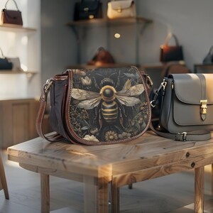 May include: A black crossbody bag featuring a detailed bee illustration on the flap, with floral accents. It has brown leather trim and a gold chain strap. Other handbags are displayed in the background.