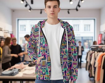 Color Pop Tribal Hoodie: Ethnic Geometric Print, Boho Festival Jacket 和風 韓流
