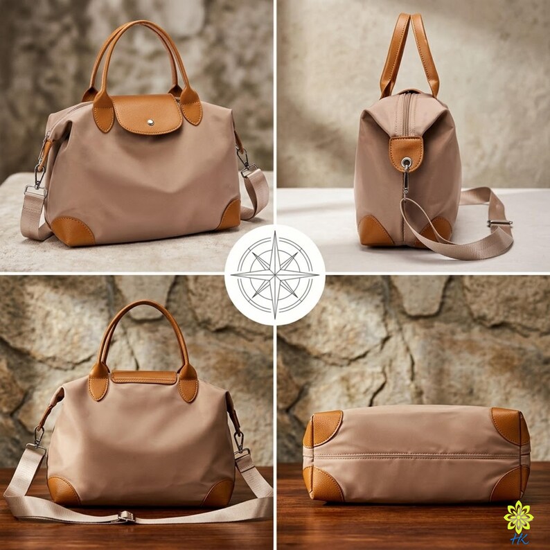 Puede incluir: Un bolso de viaje beige con detalles en cuero marr&oacute;n. El bolso tiene un asa superior, una correa para el hombro y un cierre de solapa. Las esquinas y el asa son de cuero marr&oacute;n. El bolso se muestra desde m&uacute;ltiples &aacute;ngulos.