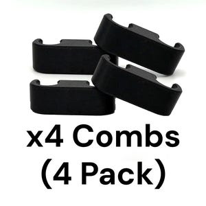 May include: Four black combs are stacked against a white backdrop. The combs feature a curved design with a rectangular base. The text "x4 Combs (4 Pack)" is displayed in black below the combs.