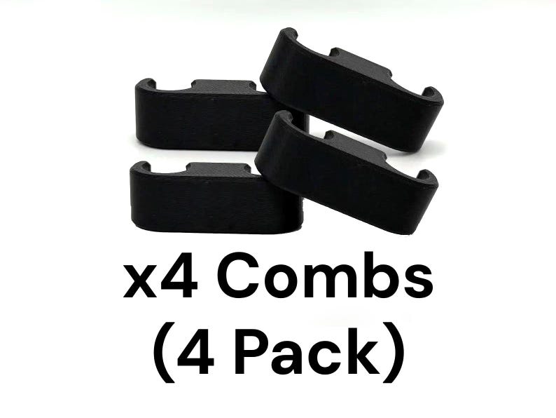 May include: Four black combs are stacked against a white backdrop. The combs feature a curved design with a rectangular base. The text "x4 Combs (4 Pack)" is displayed in black below the combs.