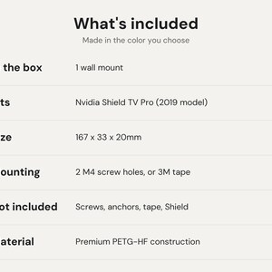 May include: A wall mount for the Nvidia Shield TV Pro 2019 model. The text lists specifications: 1 wall mount, 167 x 33 x 20mm size, 2 M4 screw holes or 3M tape mounting, and PETG-HF material. Screws, anchors, tape, and Shield are not included.