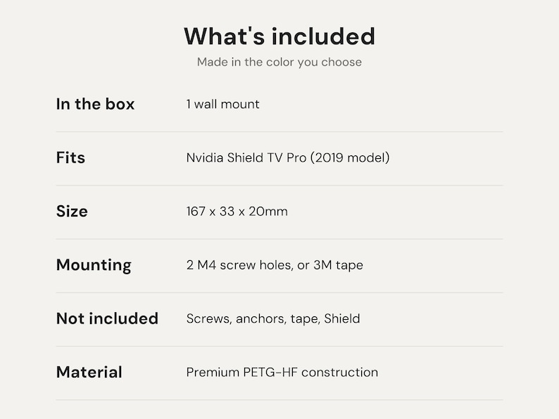 May include: A wall mount for the Nvidia Shield TV Pro 2019 model. The text lists specifications: 1 wall mount, 167 x 33 x 20mm size, 2 M4 screw holes or 3M tape mounting, and PETG-HF material. Screws, anchors, tape, and Shield are not included.