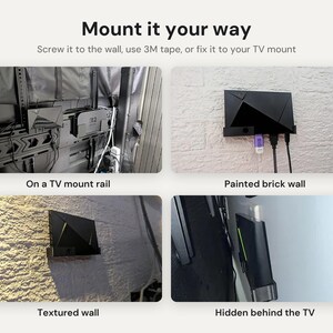 May include: A black mounting bracket for a media device, shown in four configurations: attached to a TV mount rail, mounted on a painted brick wall, secured to a textured wall, and positioned behind a television with cables connected.