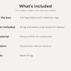 May include: An informational graphic titled What's included, listing two AirTag holders and two metal key rings made of PETG-HF material. It specifies that the AirTag and leather strap are not included and that the holders fit Apple AirTags.