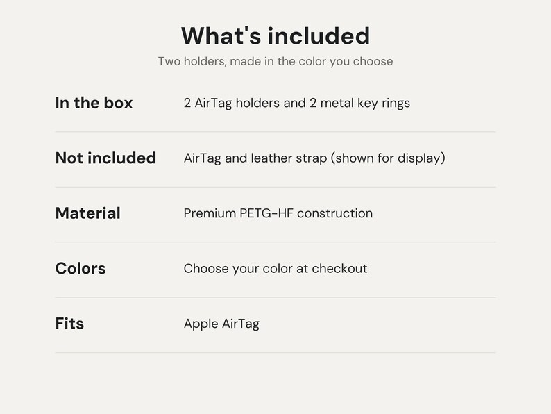 May include: An informational graphic titled What's included, listing two AirTag holders and two metal key rings made of PETG-HF material. It specifies that the AirTag and leather strap are not included and that the holders fit Apple AirTags.