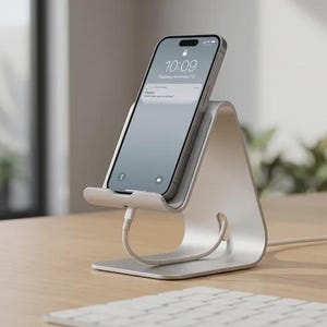 May include: A silver phone stand with a phone displaying the time 10:09. The stand has a curved design and a charging cable. The phone is angled slightly upward. The stand is on a wooden desk with a keyboard and a pencil.