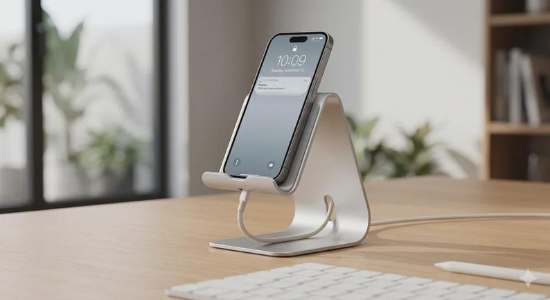 May include: A silver phone stand with a phone displaying the time 10:09. The stand has a curved design and a charging cable. The phone is angled slightly upward. The stand is on a wooden desk with a keyboard and a pencil.