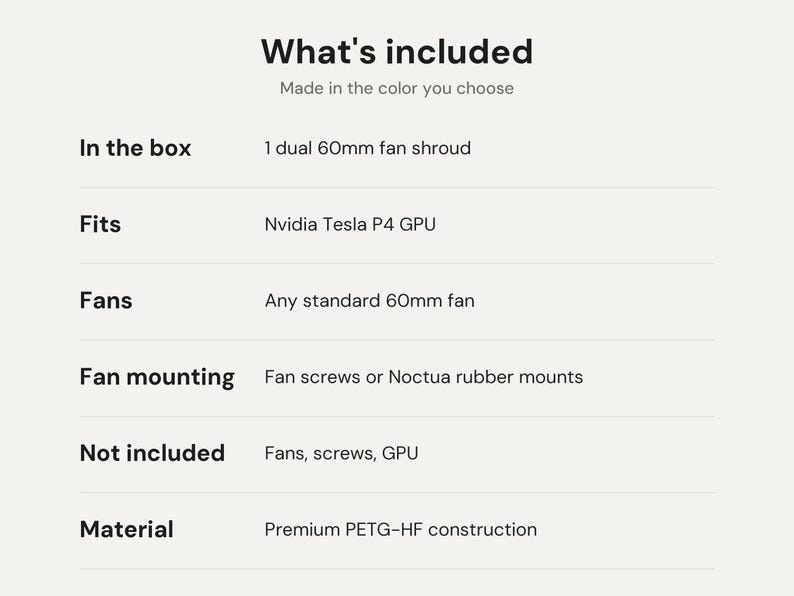 Nvidia Tesla P4 Fan Shroud: Dual 60mm Fan Cooling Cover for Noctua NF-A6x25 or Any 60mm Fan image 6
