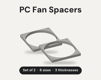 May include: Two gray square PC fan spacers with circular cutouts and four corner screw holes. The text reads PC Fan Spacers at the top and Set of 2 · 6 sizes · 3 thicknesses at the bottom on a black rounded rectangular background.