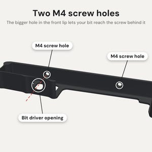 May include: A black, elongated, L-shaped bracket featuring two M4 screw holes and a bit driver opening. Text labels indicate: Two M4 screw holes, The bigger hole in the front lip lets your bit reach the screw behind it, M4 screw hole, and Bit driver opening.