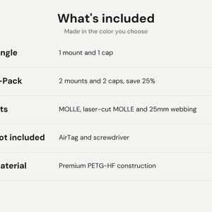 May include: A product information chart titled What's included. It lists options for a single mount and cap or a 2-pack, compatibility with MOLLE and 25mm webbing, exclusions of AirTag and screwdriver, and PETG-HF material construction.