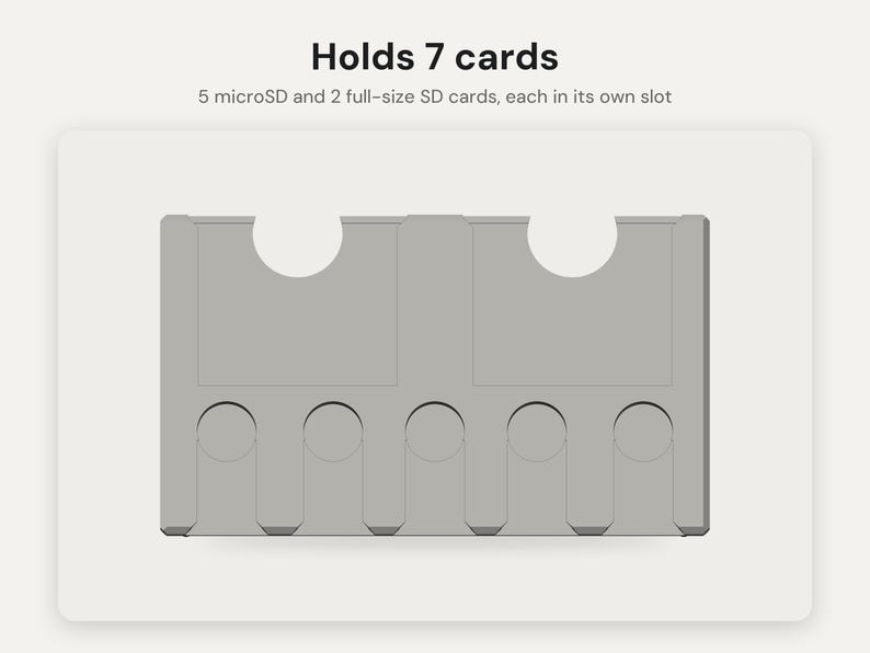 May include: A light gray memory card holder featuring text that reads Holds 7 cards, 5 microSD and 2 full-size SD cards, each in its own slot. The rectangular organizer has two large semi-circular cutouts at the top and five smaller circular slots at the bottom.