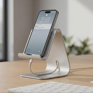 May include: A silver phone stand with a smartphone displaying the time 10:09. The phone is connected to a white charging cable. The stand is on a wooden desk with a keyboard in the foreground.