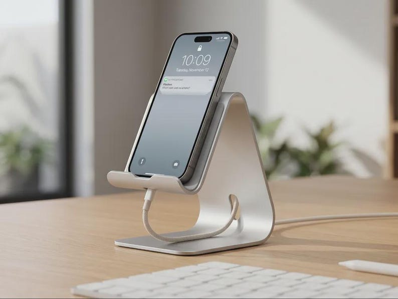 May include: A silver phone stand with a smartphone displaying the time 10:09. The phone is connected to a white charging cable. The stand is on a wooden desk with a keyboard in the foreground.
