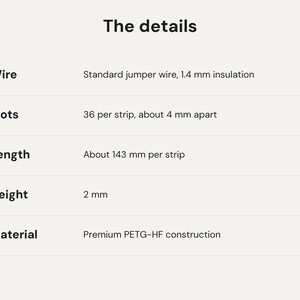 May include: A technical specification chart titled The details, listing product features: standard jumper wire with 1.4 mm insulation, 36 slots per strip spaced 4 mm apart, 143 mm length per strip, 2 mm height, and PETG-HF material construction.