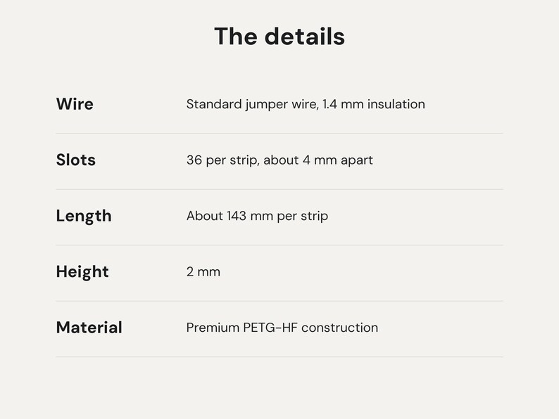 May include: A technical specification chart titled The details, listing product features: standard jumper wire with 1.4 mm insulation, 36 slots per strip spaced 4 mm apart, 143 mm length per strip, 2 mm height, and PETG-HF material construction.