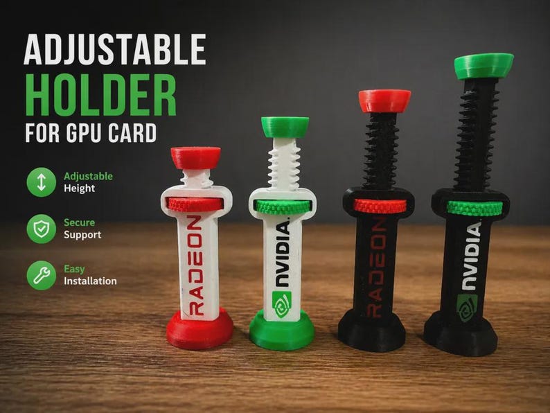 Pode incluir: Quatro suportes ajust&aacute;veis para placas GPU em vermelho, branco, verde e preto. Os suportes t&ecirc;m um design de parafuso para ajuste de altura e apresentam as marcas RADEON e NVIDIA. A imagem tamb&eacute;m inclui o texto "ADJUSTABLE HOLDER FOR GPU CARD".