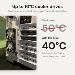 Cubierta con ventilador para minicaja de discos duros Lian Li O11 Dynamic: Soporte para dos ventiladores de 40 mm o 50 mm, reduce la temperatura del disco duro hasta 10 °C. imagen 3
