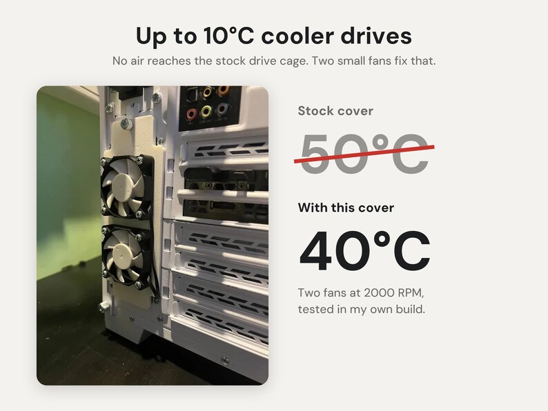 Cubierta con ventilador para minicaja de discos duros Lian Li O11 Dynamic: Soporte para dos ventiladores de 40 mm o 50 mm, reduce la temperatura del disco duro hasta 10 °C. imagen 3