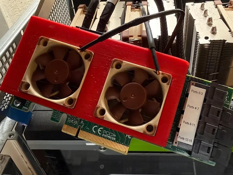 LSI 9305-24i Fan Shroud: Dual 40mm Noctua NF-A4x10 Cooling Duct for HBA Card, Homelab and Server image 1