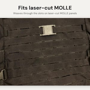May include: A black attachment clip secured to a black fabric panel featuring horizontal laser-cut MOLLE slots. The text above reads: Fits laser-cut MOLLE. Weaves through the slots on laser-cut MOLLE panels.