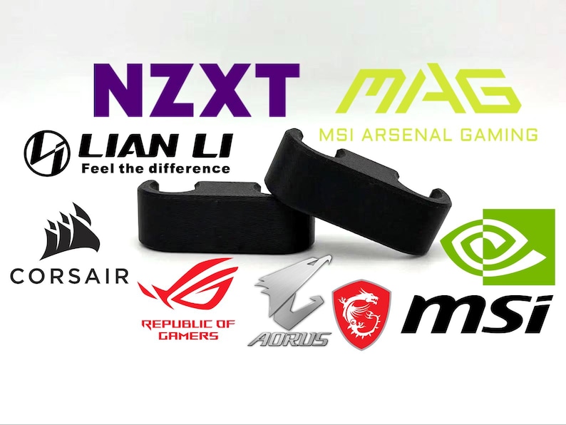 May include: Two black, curved brackets are shown against a white background, with logos of computer hardware brands including NZXT, Corsair, and MSI. The text "Feel the difference" is also visible.