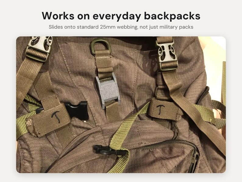 May include: A brown backpack featuring olive green webbing straps, plastic side-release buckles, and a grey plastic attachment clip. Text at the top reads: Works on everyday backpacks. Slides onto standard 25mm webbing, not just military packs.