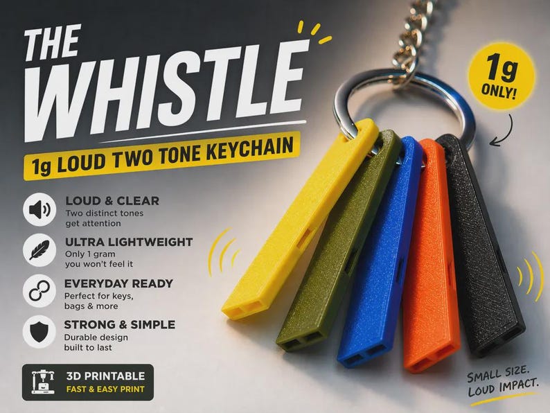 May include: A set of five rectangular whistles in yellow, olive green, blue, orange, and black, attached to a metal keyring. The text reads THE WHISTLE 1g LOUD TWO TONE KEYCHAIN, LOUD & CLEAR, ULTRA LIGHTWEIGHT, EVERYDAY READY, STRONG & SIMPLE, 3D PRINTABLE, and SMALL SIZE. LOUD IMPACT.