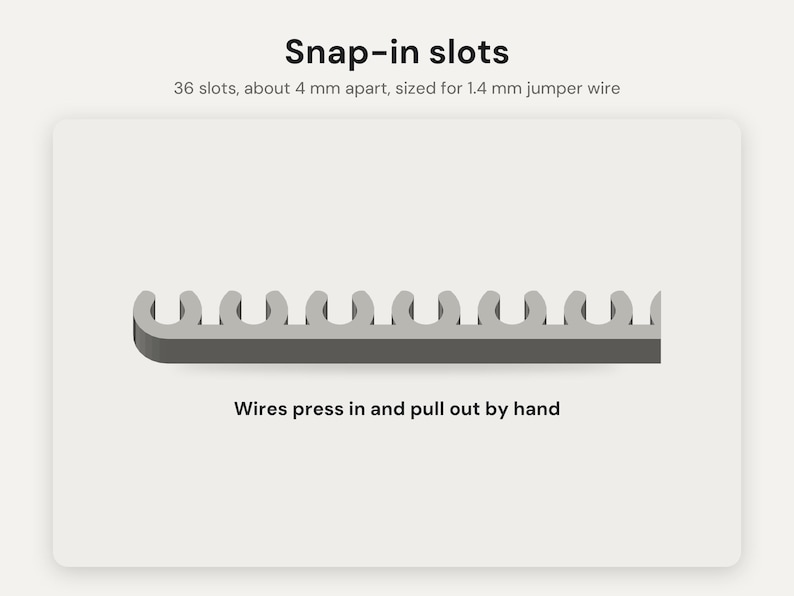 May include: A gray plastic component featuring 36 snap-in slots spaced 4 mm apart, designed for 1.4 mm jumper wire. The text reads: Snap-in slots, 36 slots, about 4 mm apart, sized for 1.4 mm jumper wire, Wires press in and pull out by hand.
