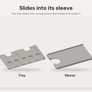 May include: A gray plastic card tray and a matching sleeve. The tray features five circular cutouts for cards, and the sleeve is a flat rectangular case. Text at the top reads: Slides into its sleeve. The tray slides into a snug sleeve that keeps the cards in.