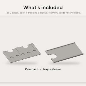 May include: A gray memory card storage system consisting of a tray with multiple slots and a sliding sleeve. The text reads: What's included, 1 or 2 cases, each a tray and a sleeve. Memory cards not included. One case = tray + sleeve.