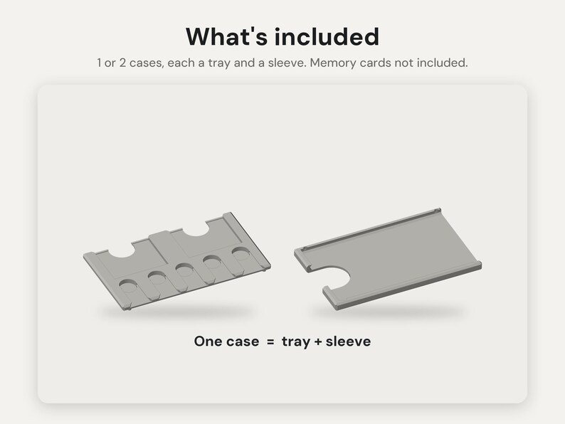 May include: A gray memory card storage system consisting of a tray with multiple slots and a sliding sleeve. The text reads: What's included, 1 or 2 cases, each a tray and a sleeve. Memory cards not included. One case = tray + sleeve.