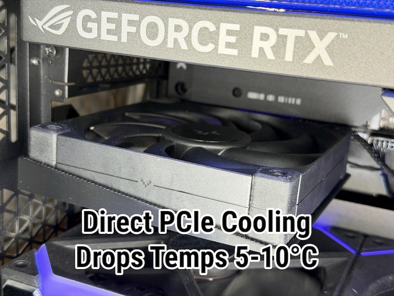 May include: Close-up of a computer component with the text "GEFORCE RTX" visible. A black fan is installed below the text. The text "Direct PCIe Cooling Drops Temps 5-10&deg;C" is also visible.