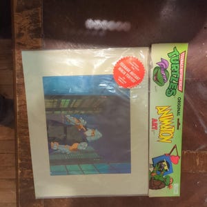 May include: A Teenage Mutant Ninja Turtles animation art print, sealed in plastic. The print features a scene with the turtles. A green and yellow box with the words "Teenage Mutant Ninja Turtles" is next to the print.