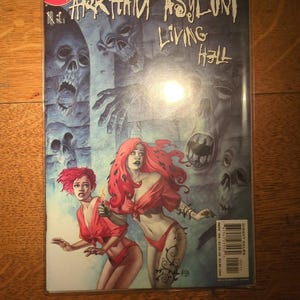 May include: A comic book cover for "Arkham Asylum Living Hell" features two women with red hair and red outfits. The background is a dark, ominous scene with skulls and a hand. The DC Comics logo is in the upper left corner.