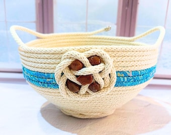 Handgemachter Baumwoll-Seilkorb mit Lake Superior Achaten | Türkisfarbene Fiber Art Schale | Handgefertigter Seilkorb Achat & Fiber Korbwaren