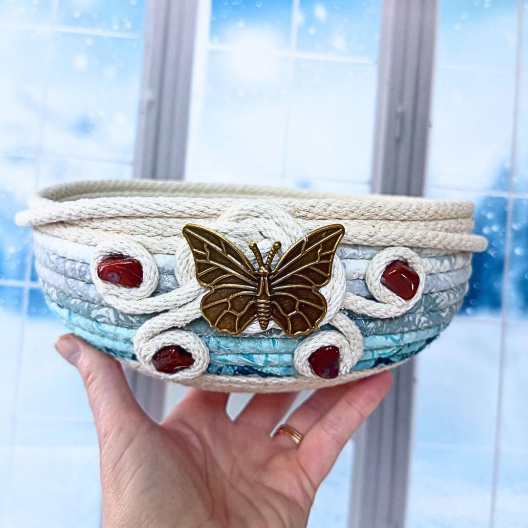 Winterwing Butterfly Rope Basket With Lake Superior Agates | Handmade ...