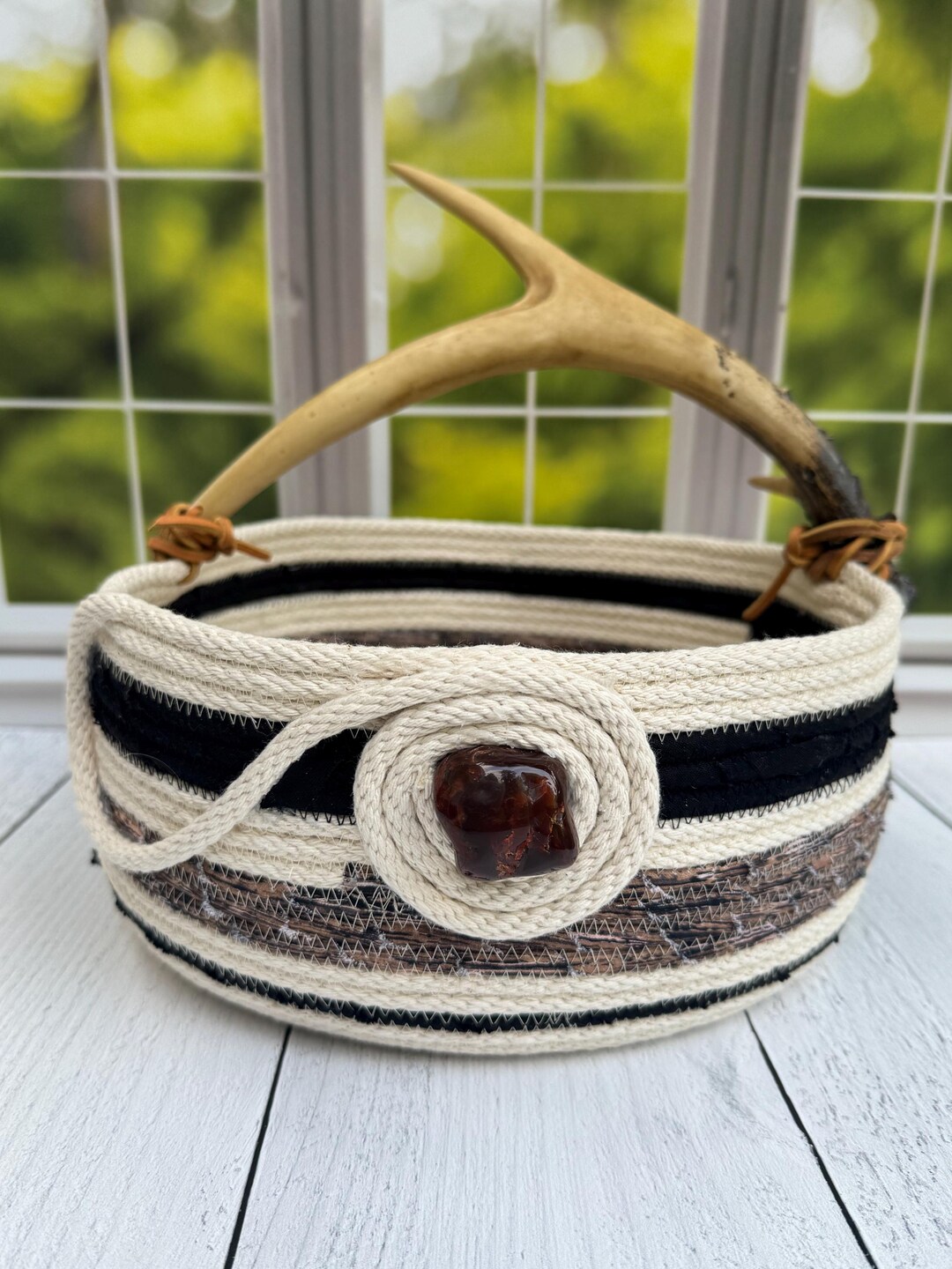 Forest Sentinel -antler Handle Rope Basket - Agate Basket - Handmade ...