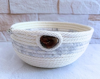 Coiled Rope Bowl with Lake Superior Agate – Small Grey Fiber Art Coastal Calm Collection